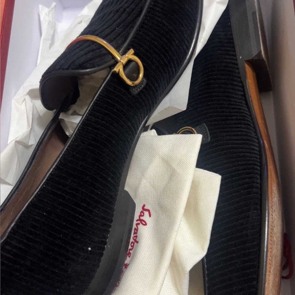 Salvatore Ferragamo Black Velvet Slip-On Loafers with Gold Bit